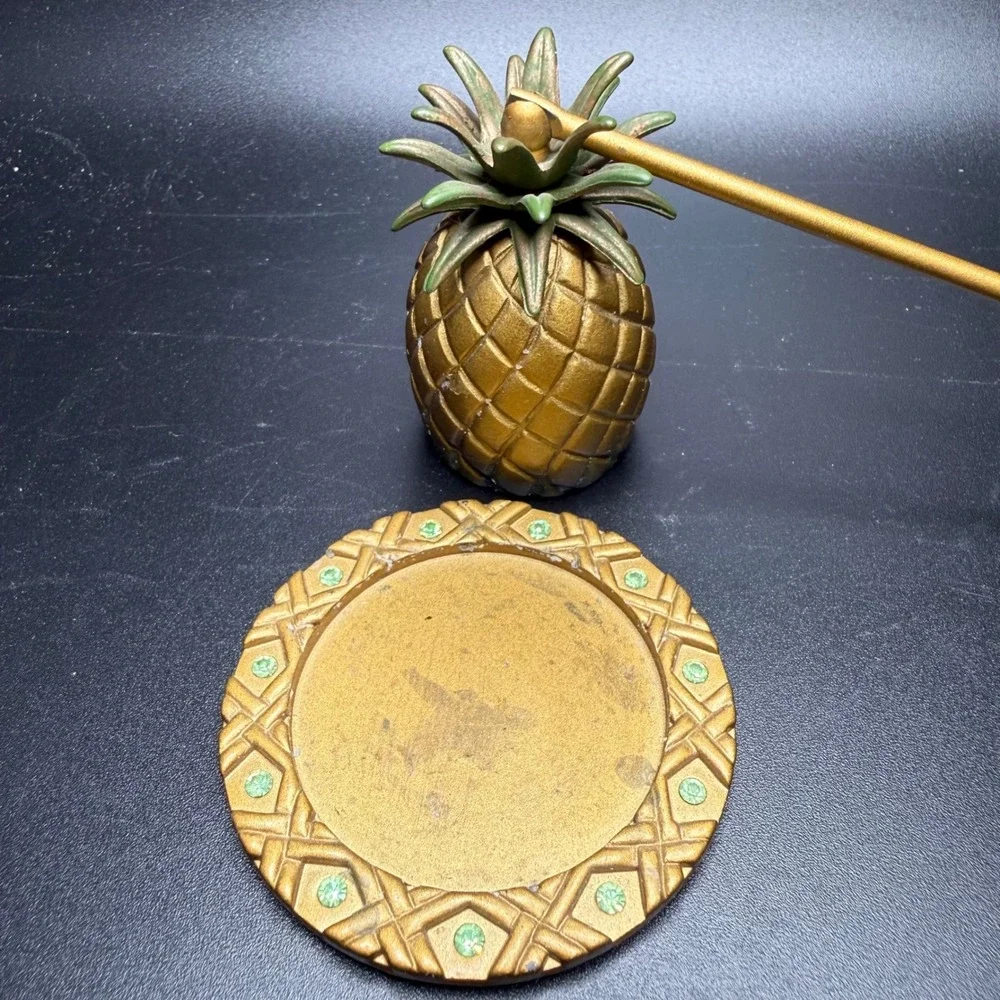PartyLite Golden Pineapple Candle Snuffer and Base Tray Set Rhinestone Accents - Picture 3 of 5